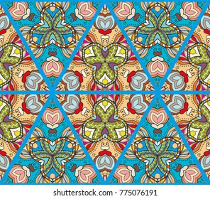 Colorful seamless triangle pattern. Abstract hand drawn art, stylized floral doodle background. Tribal ethnic arabic, indian ornament. Vector patchwork quilt pattern. Textile fabric paper print