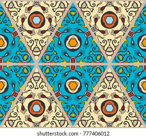 Colorful seamless triangle pattern. Abstract hand drawn art, stylized floral doodle background. Tribal ethnic arabic, indian ornament. Vector patchwork quilt pattern. Textile fabric paper print