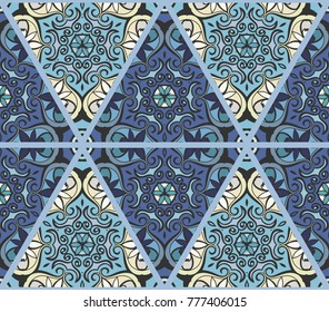Colorful seamless triangle pattern. Abstract hand drawn art, stylized floral doodle background. Tribal ethnic arabic, indian ornament. Vector patchwork quilt pattern. Textile fabric paper print