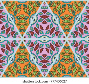 Colorful seamless triangle pattern. Abstract hand drawn art, stylized floral doodle background. Tribal ethnic arabic, indian ornament. Vector patchwork quilt pattern. Textile fabric paper print