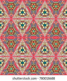 Colorful seamless triangle pattern. Abstract hand drawn art, stylized floral doodle background. Tribal ethnic arabic, indian ornament. Vector patchwork quilt pattern. Textile fabric paper print