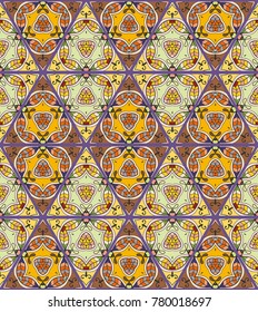 Colorful seamless triangle pattern. Abstract hand drawn art, stylized floral doodle background. Tribal ethnic arabic, indian ornament. Vector patchwork quilt pattern. Textile fabric paper print