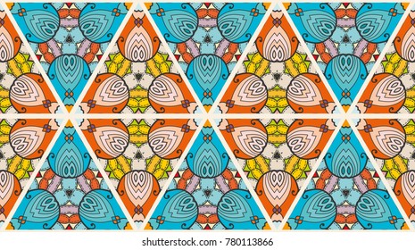 Colorful seamless triangle pattern. Abstract hand drawn art, stylized floral doodle background. Tribal ethnic arabic, indian ornament. Vector patchwork quilt pattern. Textile fabric paper print