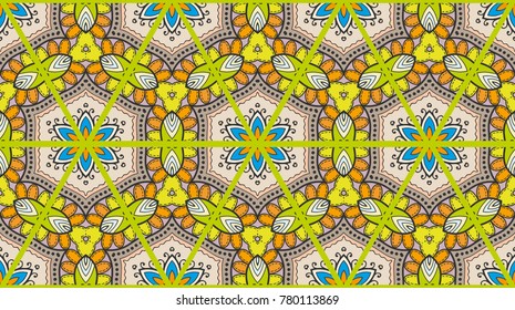 Colorful seamless triangle pattern. Abstract hand drawn art, stylized floral doodle background. Tribal ethnic arabic, indian ornament. Vector patchwork quilt pattern. Textile fabric paper print
