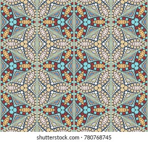 Colorful seamless triangle pattern. Abstract hand drawn art, stylized floral doodle background. Tribal ethnic arabic, indian ornament. Vector patchwork quilt pattern. Textile fabric paper print