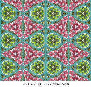 Colorful seamless triangle pattern. Abstract hand drawn art, stylized floral doodle background. Tribal ethnic arabic, indian ornament. Vector patchwork quilt pattern. Textile fabric paper print