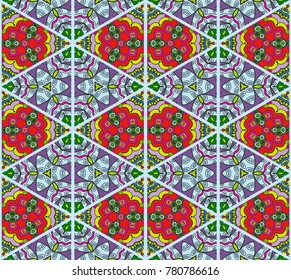 Colorful seamless triangle pattern. Abstract hand drawn art, stylized floral doodle background. Tribal ethnic arabic, indian ornament. Vector patchwork quilt pattern. Textile fabric paper print