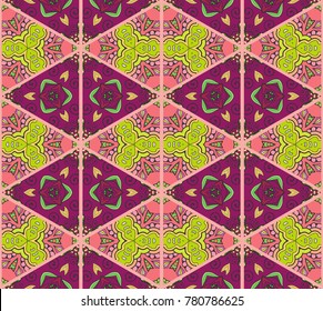 Colorful seamless triangle pattern. Abstract hand drawn art, stylized floral doodle background. Tribal ethnic arabic, indian ornament. Vector patchwork quilt pattern. Textile fabric paper print