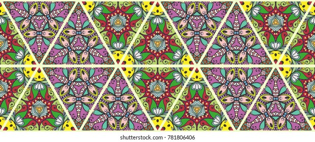 Colorful seamless triangle pattern. Abstract hand drawn art, stylized floral doodle background. Tribal ethnic arabic, indian ornament. Vector patchwork quilt pattern. Textile fabric paper print
