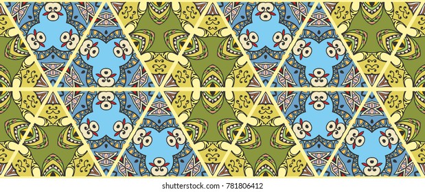 Colorful seamless triangle pattern. Abstract hand drawn art, stylized floral doodle background. Tribal ethnic arabic, indian ornament. Vector patchwork quilt pattern. Textile fabric paper print
