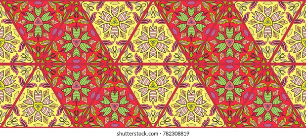 Colorful seamless triangle pattern. Abstract hand drawn art, stylized floral doodle background. Tribal ethnic arabic, indian ornament. Vector patchwork quilt pattern. Textile fabric paper print