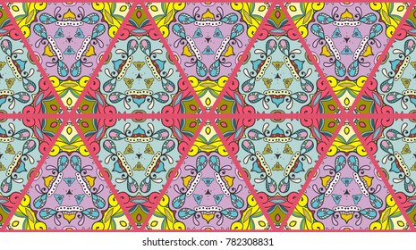 Colorful seamless triangle pattern. Abstract hand drawn art, stylized floral doodle background. Tribal ethnic arabic, indian ornament. Vector patchwork quilt pattern. Textile fabric paper print