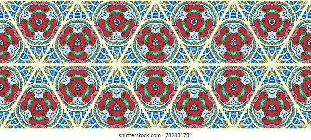 Colorful seamless triangle pattern. Abstract hand drawn art, stylized floral doodle background. Tribal ethnic arabic, indian ornament. Vector patchwork quilt pattern. Textile fabric paper print