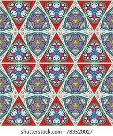 Colorful seamless triangle pattern. Abstract hand drawn art, stylized floral doodle background. Tribal ethnic arabic, indian ornament. Vector patchwork quilt pattern. Textile fabric paper print
