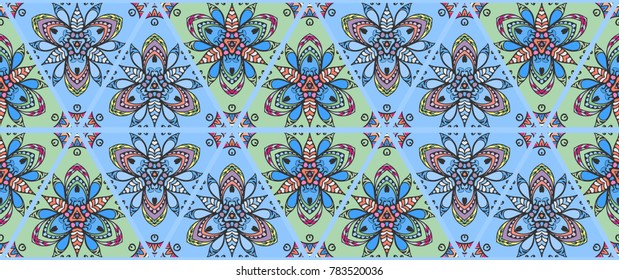 Colorful seamless triangle pattern. Abstract hand drawn art, stylized floral doodle background. Tribal ethnic arabic, indian ornament. Vector patchwork quilt pattern. Textile fabric paper print
