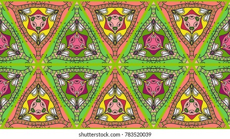 Colorful seamless triangle pattern. Abstract hand drawn art, stylized floral doodle background. Tribal ethnic arabic, indian ornament. Vector patchwork quilt pattern. Textile fabric paper print