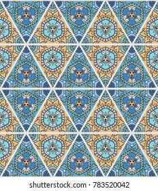 Colorful seamless triangle pattern. Abstract hand drawn art, stylized floral doodle background. Tribal ethnic arabic, indian ornament. Vector patchwork quilt pattern. Textile fabric paper print
