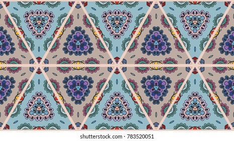 Colorful seamless triangle pattern. Abstract hand drawn art, stylized floral doodle background. Tribal ethnic arabic, indian ornament. Vector patchwork quilt pattern. Textile fabric paper print