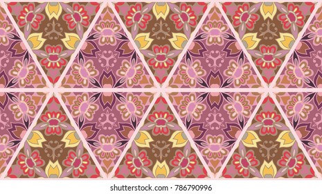 Colorful seamless triangle pattern. Abstract hand drawn art, stylized floral doodle background. Tribal ethnic arabic, indian ornament. Vector patchwork quilt pattern. Textile fabric paper print