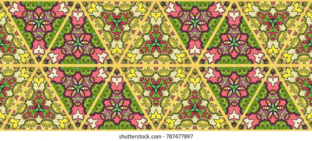 Colorful seamless triangle pattern. Abstract hand drawn art, stylized floral doodle background. Tribal ethnic arabic, indian ornament. Vector patchwork quilt pattern. Textile fabric paper print