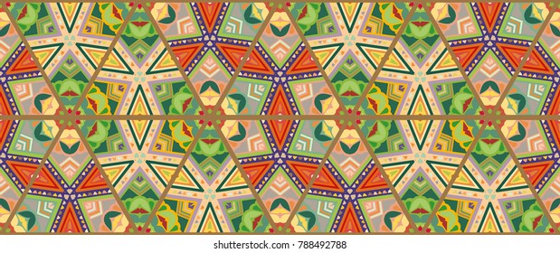 Colorful seamless triangle pattern. Abstract hand drawn art, stylized floral doodle background. Tribal ethnic arabic, indian ornament. Vector patchwork quilt pattern. Textile fabric paper print