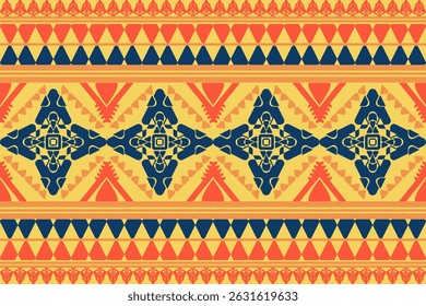 Colorful seamless tribal geometric pattern in red, navy blue, and yellow tones design for prints, wallpapers, pillows, carpets.