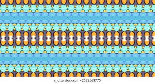 Colorful seamless tribal pattern with geometric shapes in cool blue, turquoise, and violet shades.