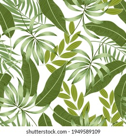 Colorful seamless tropical pattern with bright plants and leaves on a light background. Exotic tropics. Summer. Seamless exotic pattern with tropical plants. Hawaiian style.