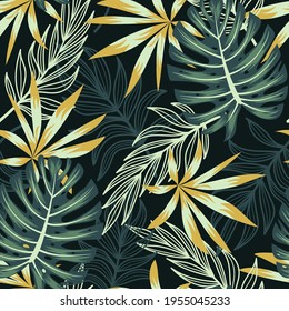 Colorido patrón tropical sin costuras con plantas coloridas y hojas sobre un fondo oscuro. Patrón sin foco con hojas y plantas coloridas. Patrón exótico con plantas tropicales.