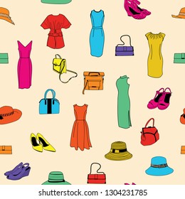 Colorful seamless vector background with elements of women hats, dresses and women shoes. Perfect for wall paper, invitations, scrapbooking background, gift wrapping paper, fabric and projects. 
