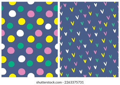 Colorful Seamless Vector Background with Polka Dots and Hearts. Irregular Geometric Repeatable Print.Blue, pink, White and Yellow Dots and Hearts on a Dark Blue Background. Cute Pattern for Babies.