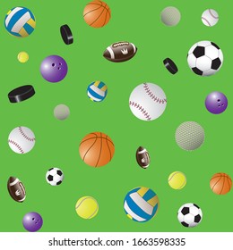 Colorful seamless vector background of sport balls images: volleyball, basketball, football, american football, bowling, baseball, tennis, golf and Hockey puck. Wallpaper for the nursery