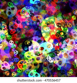 Colorful seamless vector background of stylized skulls and stains. Overlapping, transparent, overlay, randomly mixed. Decorative pattern for Halloween, fabrics, printing, book covers.