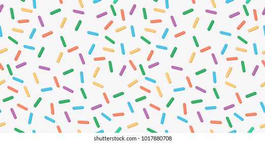 Colorful seamless vector confetti pattern. Bakery themed donut, doughnut or cupcake sugar sprinkle background.