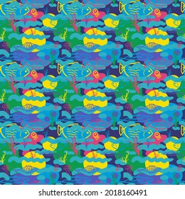 Colorful seamless vector hand drawn pattern with swimming fishes