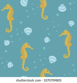 Colorful, seamless vector illustration, seahorse and seashells on a blue background. For decorating textiles, packaging and wallpaper.