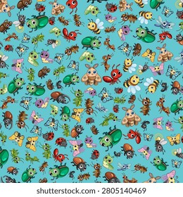 Colorful seamless vector illustration of various cartoon bugs and insects on a teal background.
