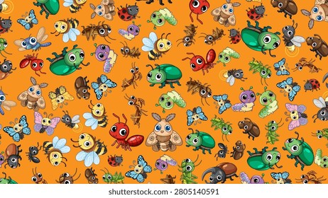 Colorful seamless vector illustration of various cartoon bugs and insects on a solid orange background.
