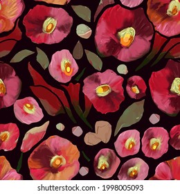 Colorful seamless vector pattern with abstract wild flowers and plants. Colored hand drawn decorative poppies on black background. Floral vector texture, print.