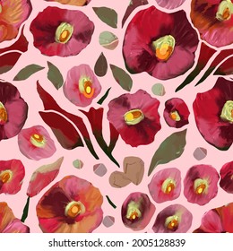 Colorful seamless vector pattern with abstract wild flowers and plants. Colored hand drawn decorative poppies on pink background. Floral vector texture, print.
