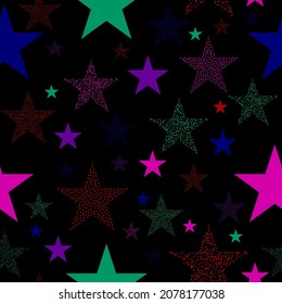 Colorful seamless vector pattern with abstract multicolor stars on an black background. Isolated volumetric umbrella, triangle, circle, star and ladder. Multi-colored elements from the game.