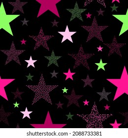 Colorful seamless vector pattern with abstract multicolor stars on an black background. Isolated volumetric umbrella, triangle, circle, star and ladder. Multi-colored elements from the game.