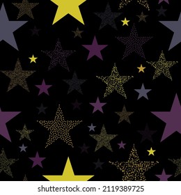 Colorful seamless vector pattern with abstract multicolor stars on an black background. Isolated volumetric umbrella, triangle, circle, star and ladder. Multi-colored elements from the game.