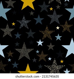 Colorful seamless vector pattern with abstract multicolor stars on an black background. Trendy vector print.