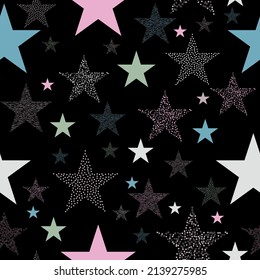 Colorful seamless vector pattern with abstract multicolor stars on an black background. seamless background with bright neon stars.