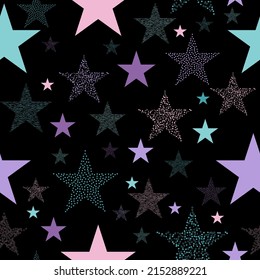 Colorful seamless vector pattern with abstract multicolor stars on an black background. Stars and scrapes are laid out in an interesting seamless pattern.