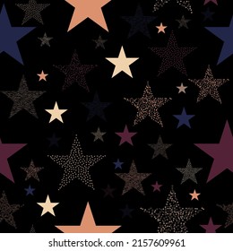 Colorful seamless vector pattern with abstract multicolor stars on an black background.  Multicolor shiny outer space, Glittering galactic texture background, Seamless illustration