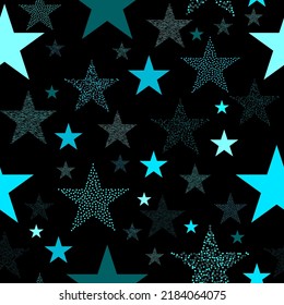 Colorful seamless vector pattern with abstract multicolor stars on an black background. Stars and scrapes are laid out in an interesting seamless pattern.