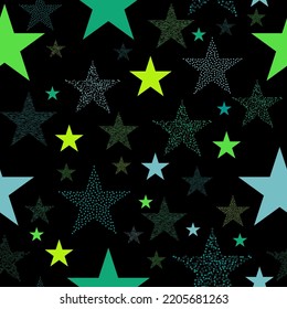 Colorful seamless vector pattern with abstract multicolor stars on an black background. Isolated volumetric umbrella, triangle, circle, star and ladder. Multi-colored elements from the game.