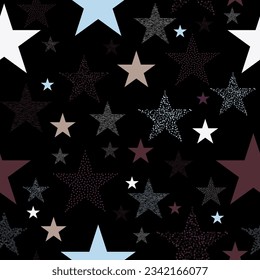 Colorful seamless vector pattern with abstract multicolor stars on an black background. Stars and scrapes are laid out in an interesting seamless pattern.